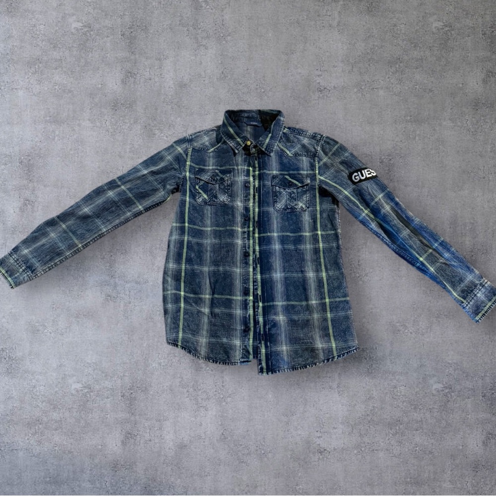 Guess Navy and Green Plaid Shirt New without Tags